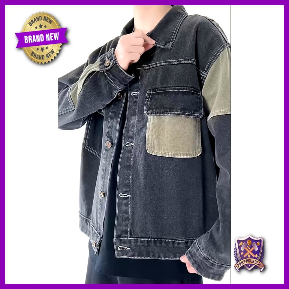 Oversized Denim Jacket Patchwork Color Block Butt… - image 2